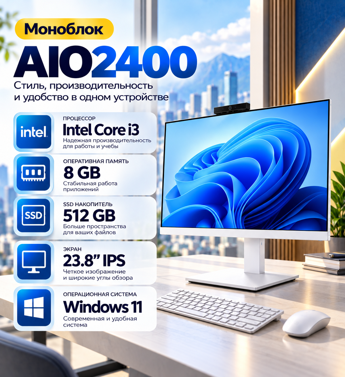 Моноблок AIO2400 Intel i3 8GB RAM 512GB SSD IPS 23.8