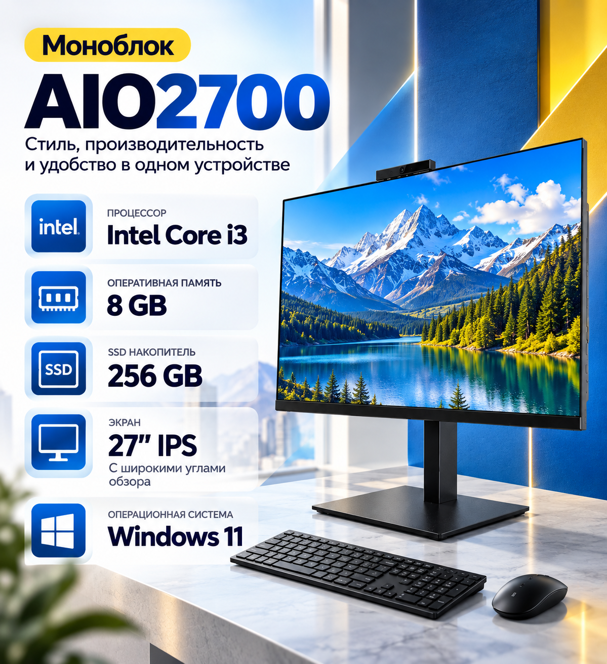 Моноблок AIO2700 Intel i3 8GB RAM 256GB SSD IPS 27
