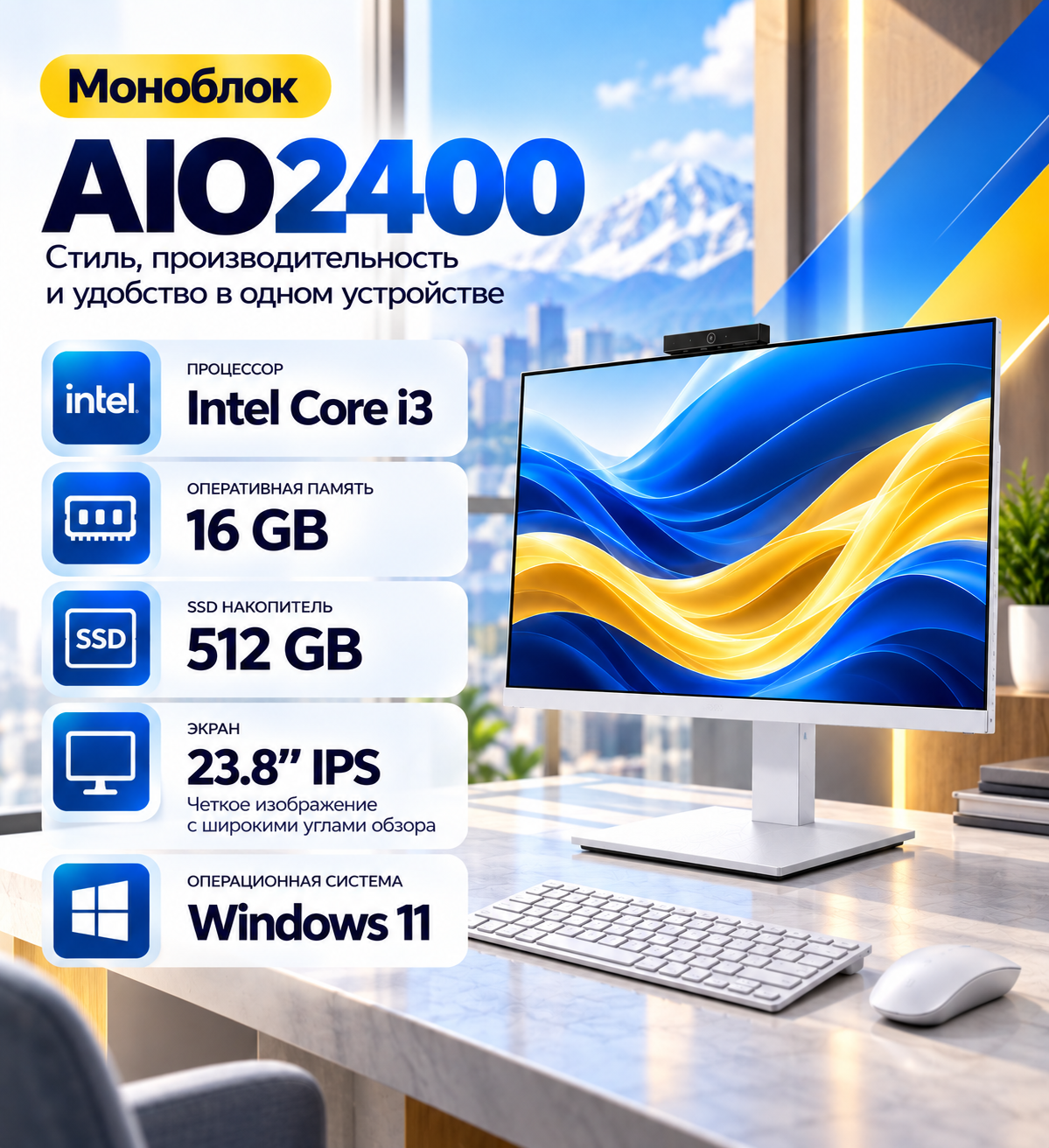 Моноблок AIO2400 Intel i3 16GB RAM 512GB SSD IPS 23.8