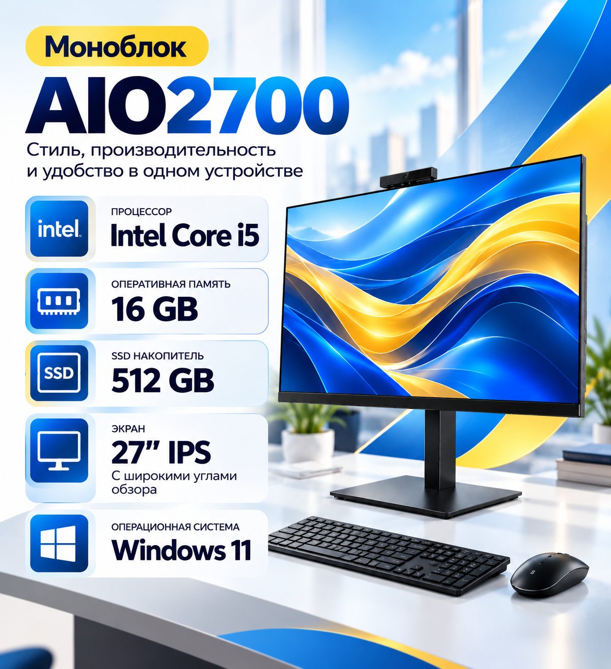 Моноблок AIO2700 Intel i5 16GB RAM 512GB SSD IPS 27