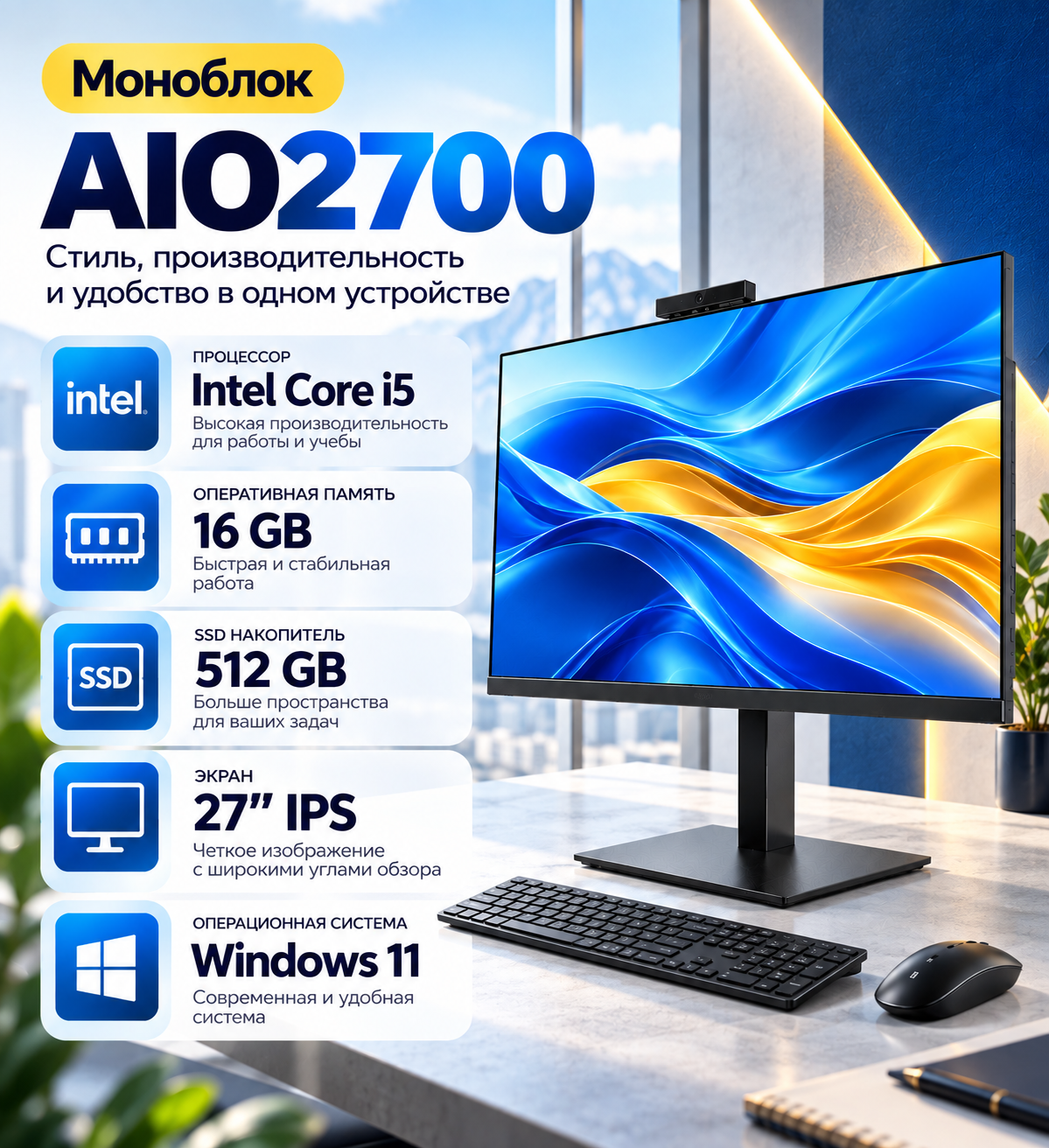 Моноблок AIO2700 Intel i5 16GB RAM 512GB SSD IPS 27