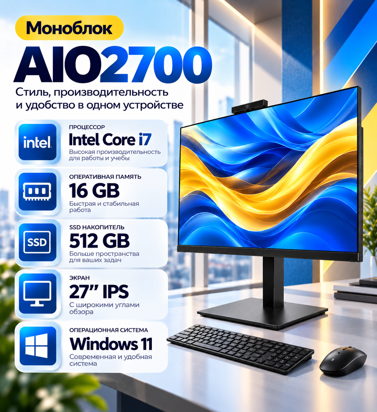 Моноблок AIO2700 Intel i7 16GB RAM 512GB SSD IPS 27