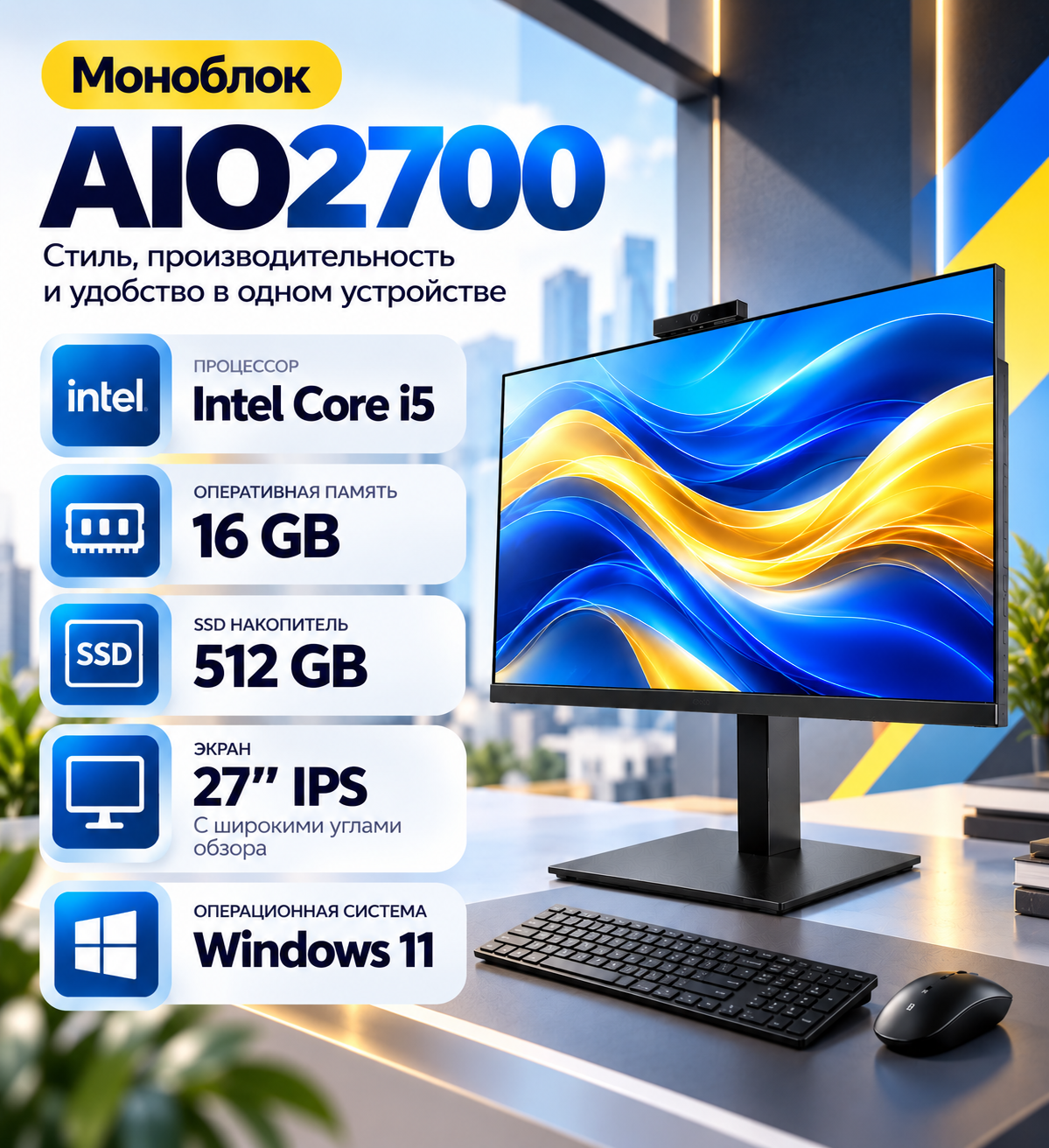 Моноблок AIO2700 Intel i5 16GB RAM 512GB SSD IPS 27